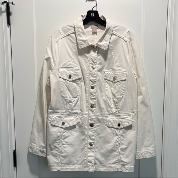 Chico’s Off-White Button 4-Pocket Brushed Cotton Denim Long Safari Jacket Top 3 - Picture 1 of 7